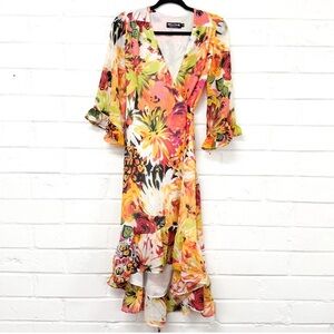 MELISSA PELLONE Floral WRAP DRESS! Designer Hand Made Los Angeles Hi Low Ruffle